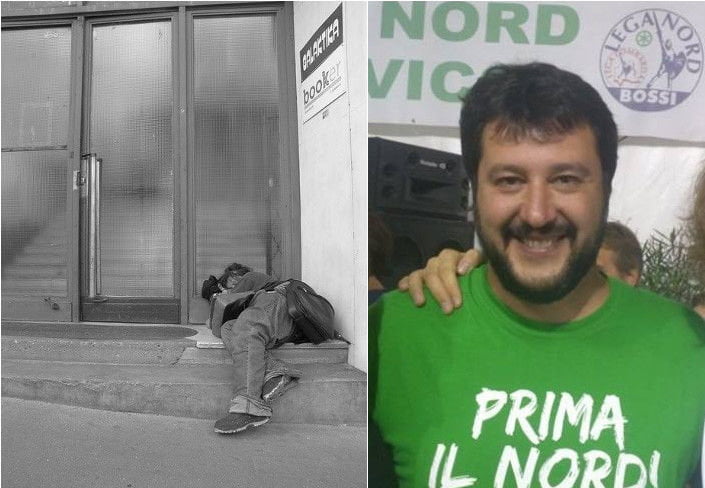 Neofascisti picchiano clochard davanti agli studi di La7. Ma era Salvini che dormiva - Lercio