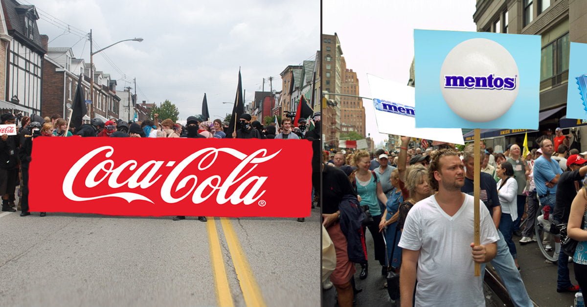 Manifestanti della Coca Cola vengono in contatto con corteo Mentos: decine di morti nell'esplosione - Lercio