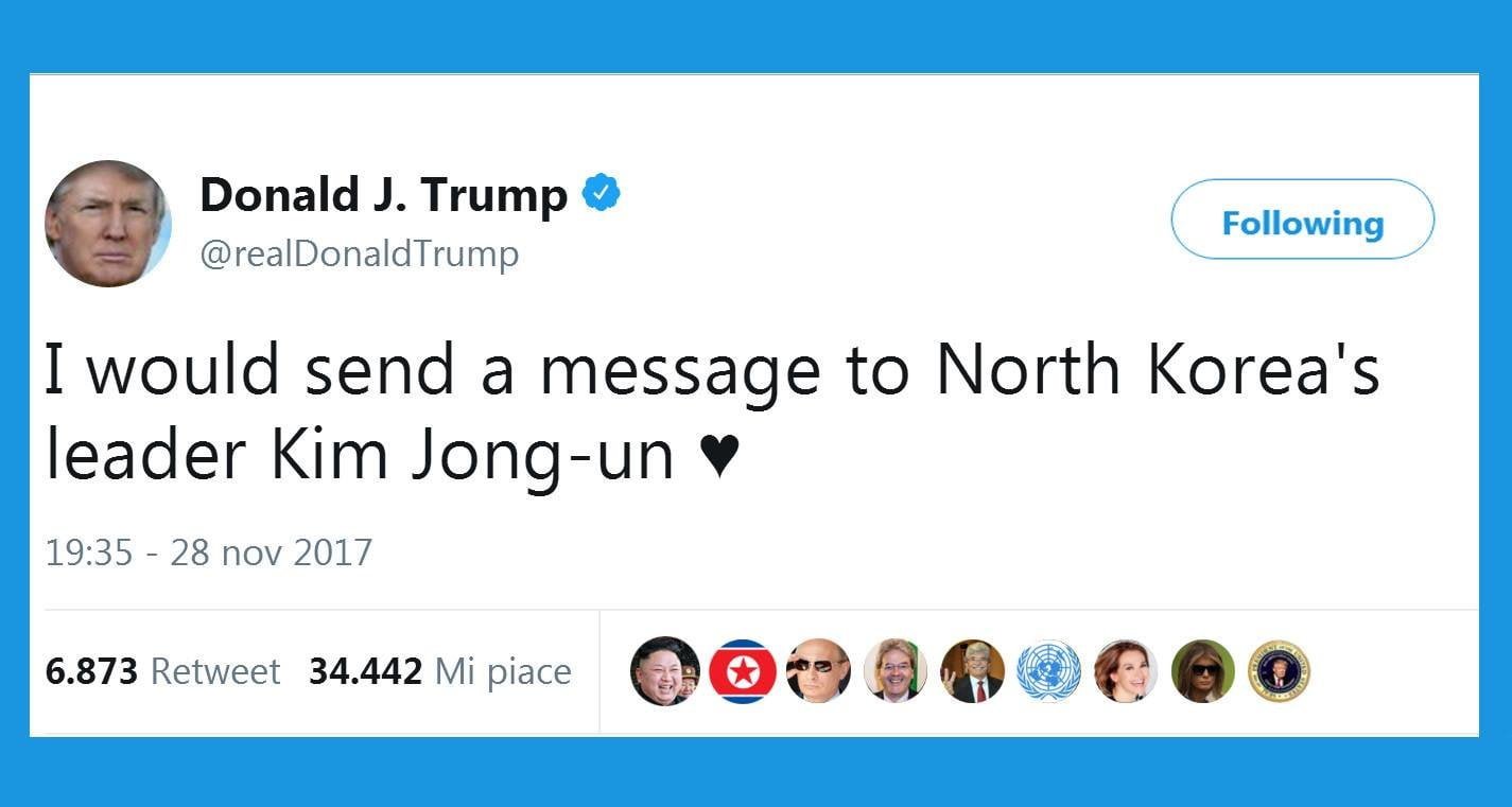 Trump twitta per sbaglio un cuoricino a Kim Jong-un: scongiurato conflitto mondiale - Lercio