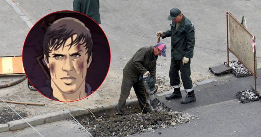 Operaio col martello pneumatico chiede di abbassare la TV che passa la pubblicità di Adrian - Lercio