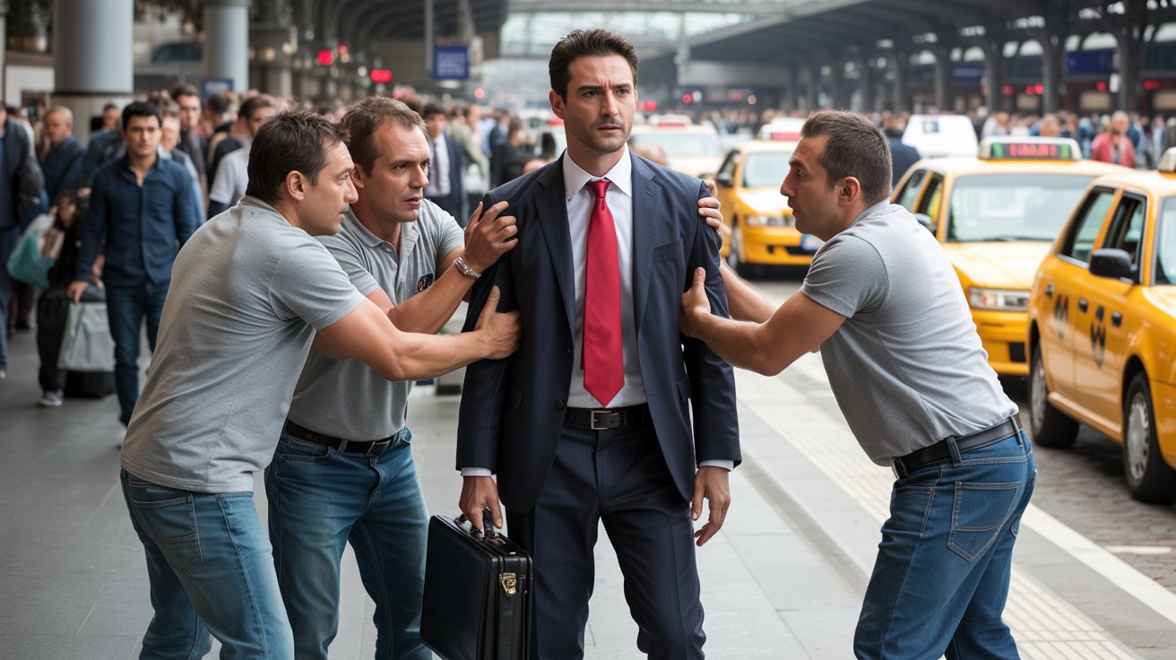 tassisti contro uomo in giacca e cravatta