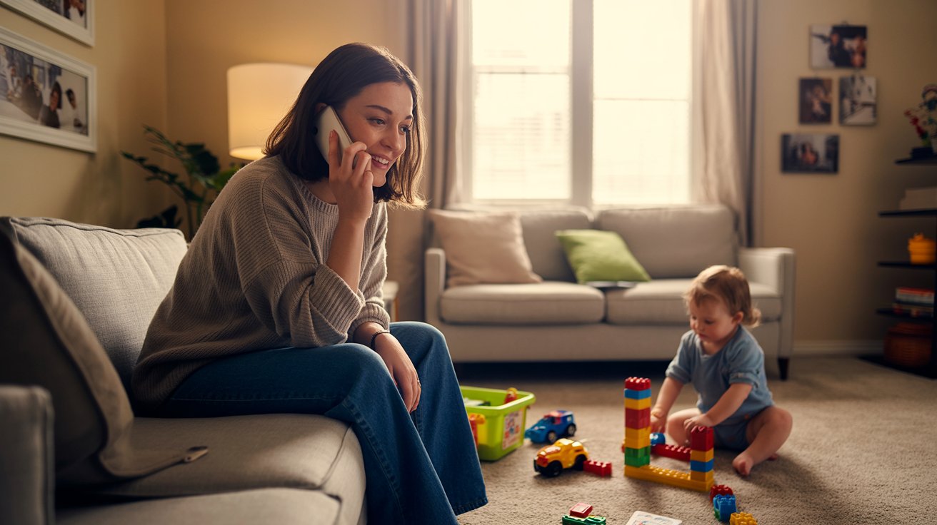 donna in casa che chiama, bambino che gioca per terra